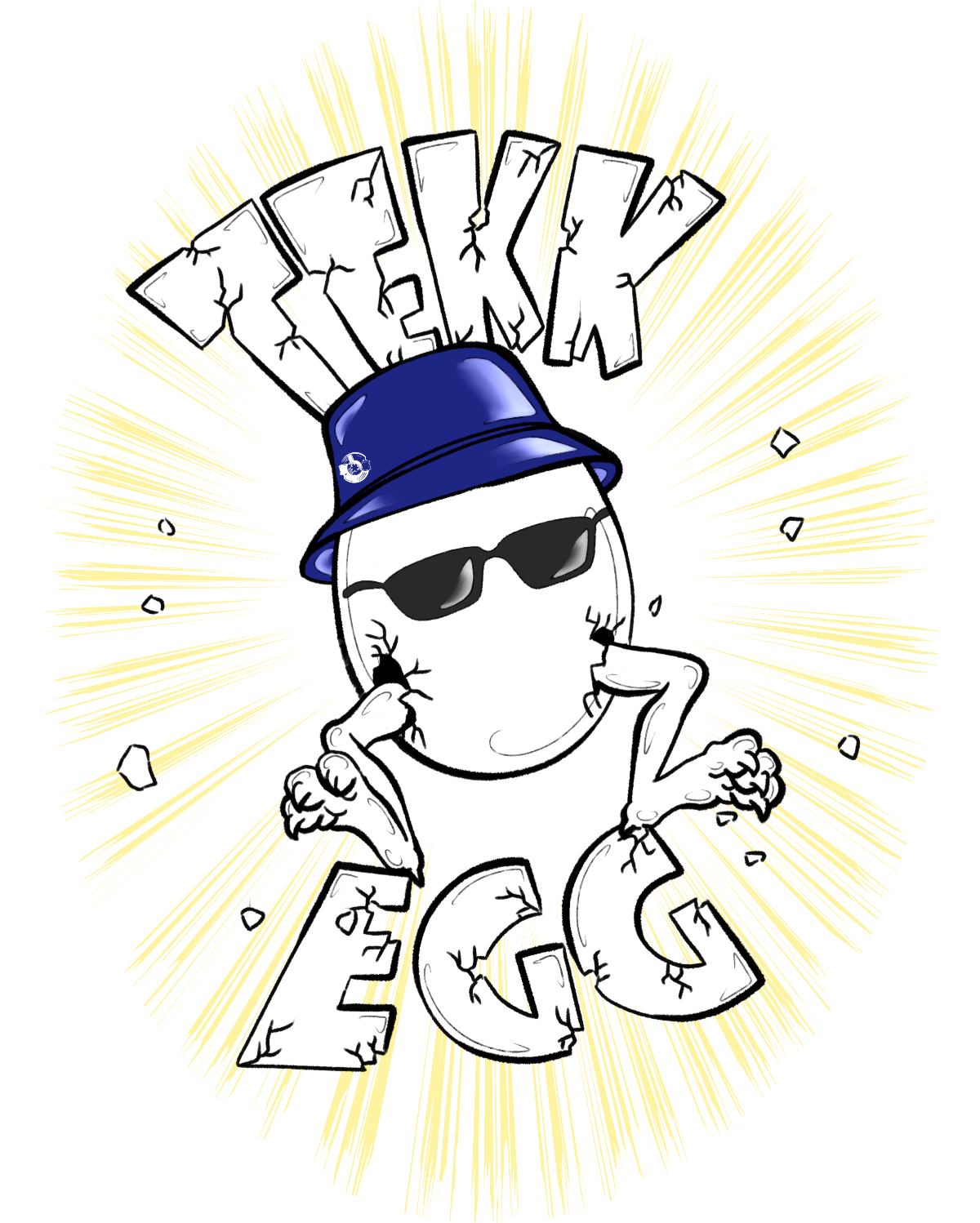 Tekk Egg wearing sunglasses and a blue hat in front of bright yellow rays